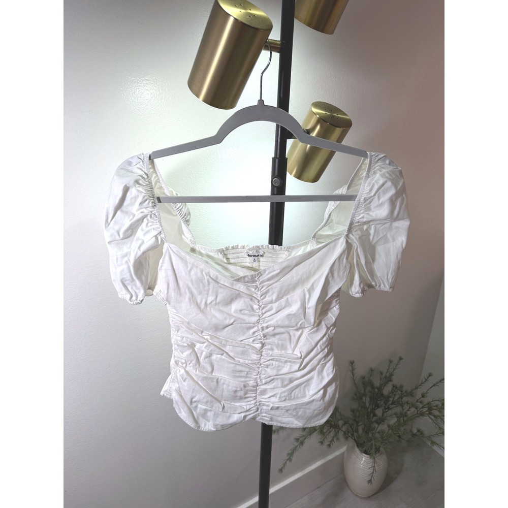 Reformation White Puff Sleeve Ruched Organic Cotton summer clean girl Top Size 6